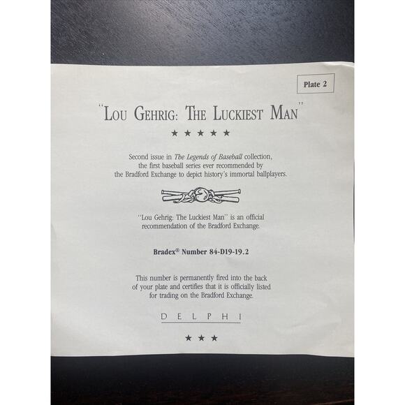 DELPHI LOU GEHRIG THE LUCKIEST MAN LARGE 8" PLATE BRADFORD EXCHANGE - Picture 4 of 7